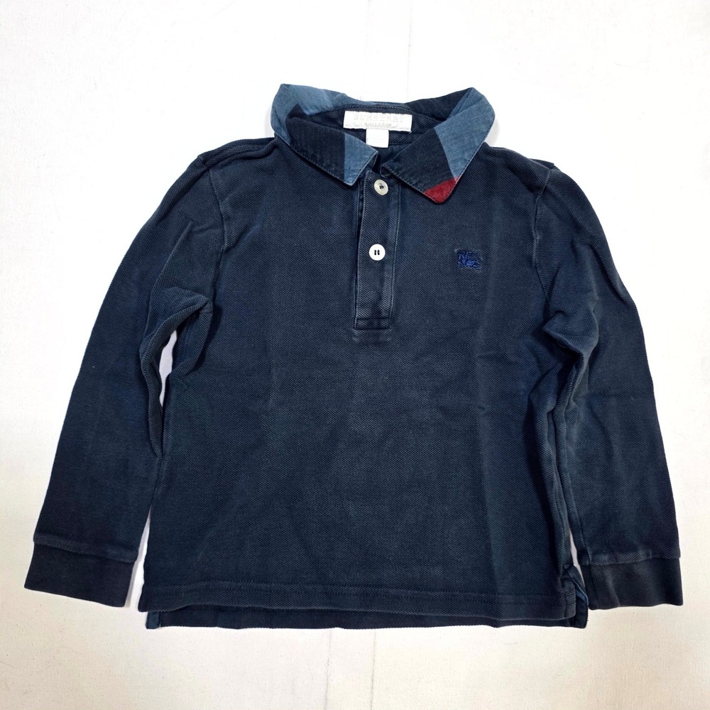 Burberry Polo Shirt Boys 4Y Navy Blue Long Sleeve Check Collar Equestrian Logo